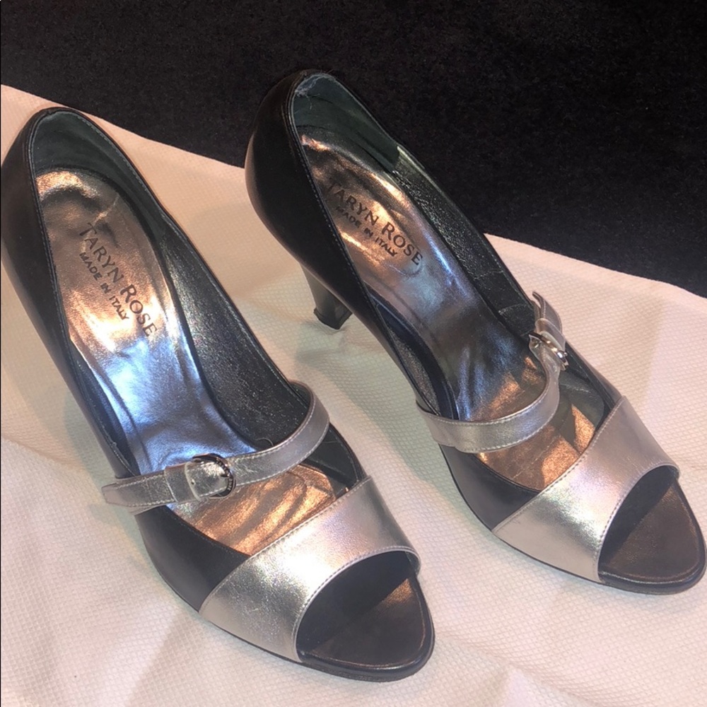 Taryn Rose Black & Silver open toe Mary Jane pump